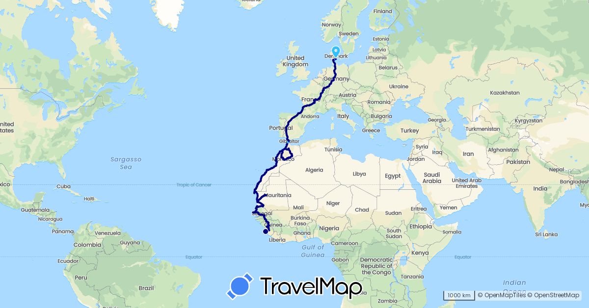 TravelMap itinerary: driving, boat in Germany, Denmark, Spain, France, Guinea, Morocco, Mauritania, Sierra Leone, Senegal (Africa, Europe)